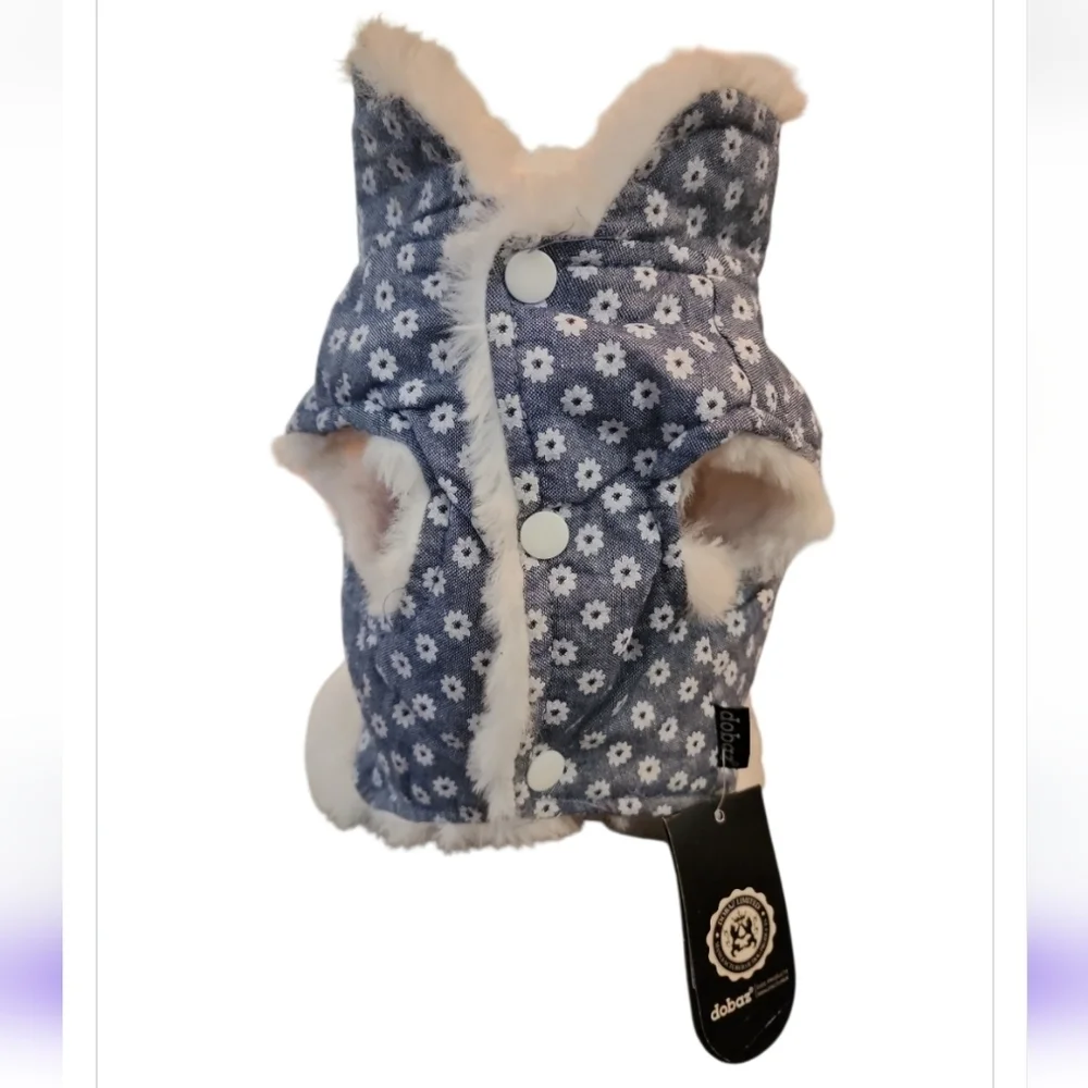 NEW Dobaz Limited Denim Flowers And Fur Dog Coat Pet Cat Pig Jacket Size Medium